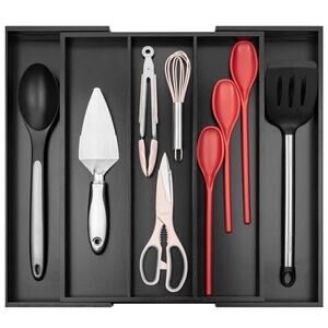 Purawood Bamboo Drawer Organizer Expandable 3-5 Slots Kitchen Silverware Black